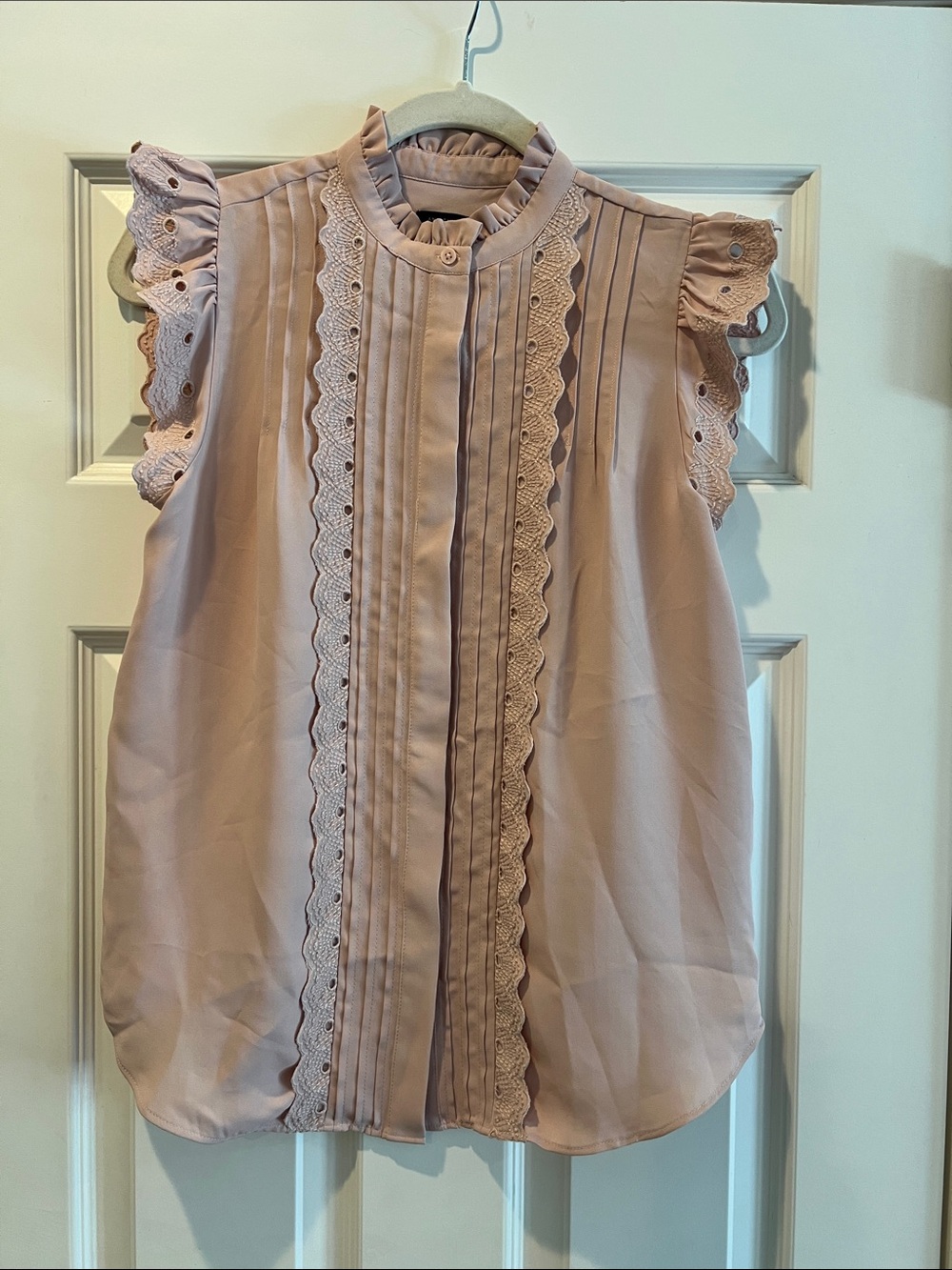Ann Taylor Blush Pink Lace-Trim Ruffle Shell